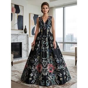WAYNE CLARK Black Sleeveless Evening Gown Multi Color Print w/3D Sequin Flower 8